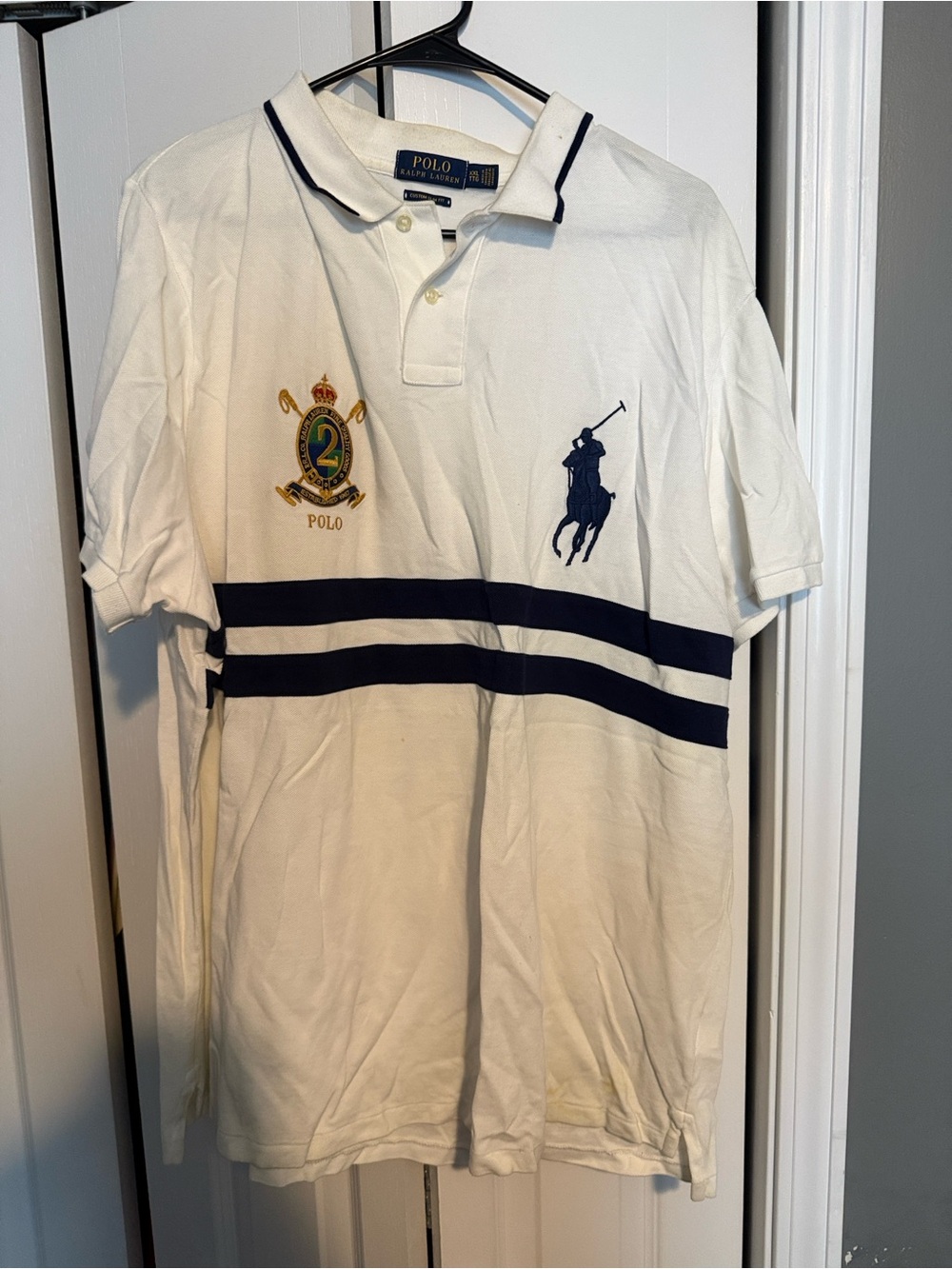 Polo by Ralph Lauren White Polo with Navy Stripes & Crest